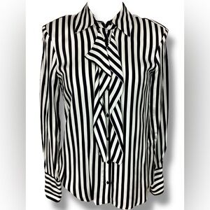 Zara Striped Ruffle Front Blouse Black White Beetlejuice Gothic
